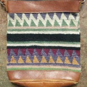 VTG Y2K Knit Southwest Pattern Leather Trimmed Crossbody Purse-8.5x8x2